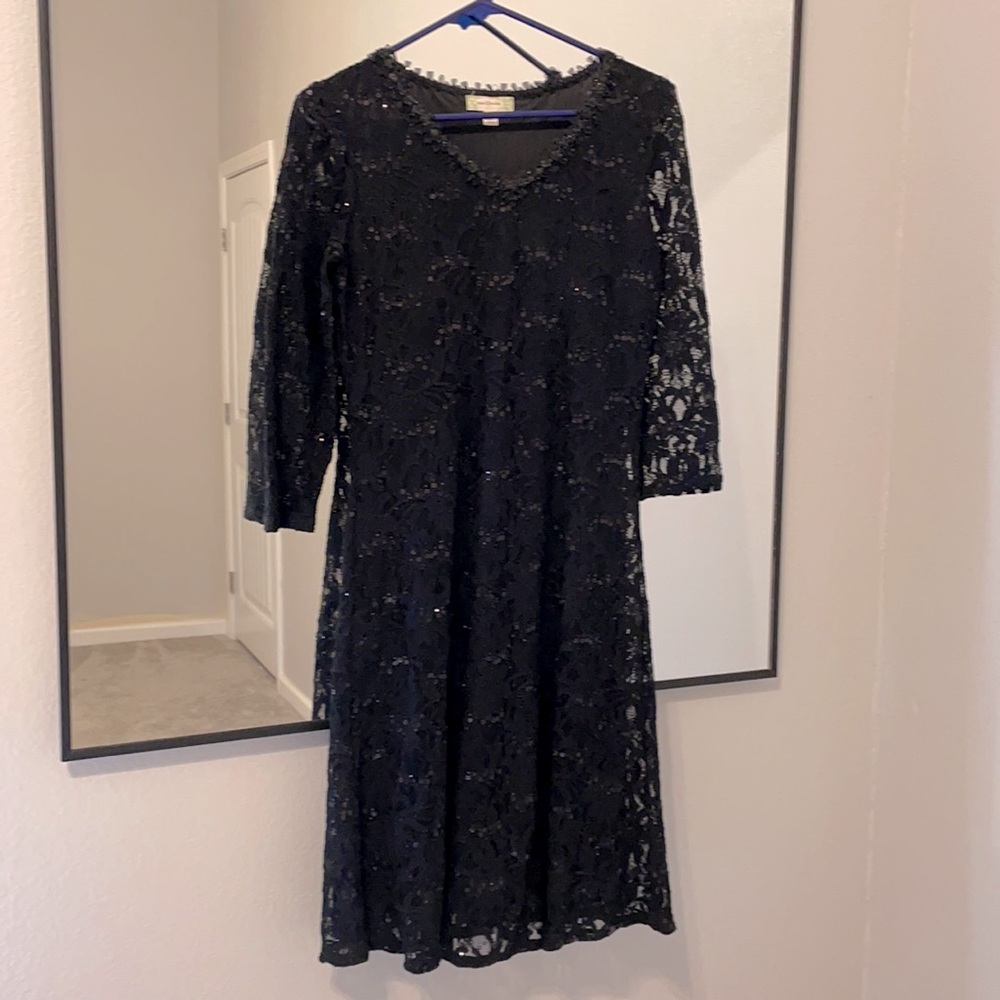 Black sequin dress, black lined, 3/4 sleeve